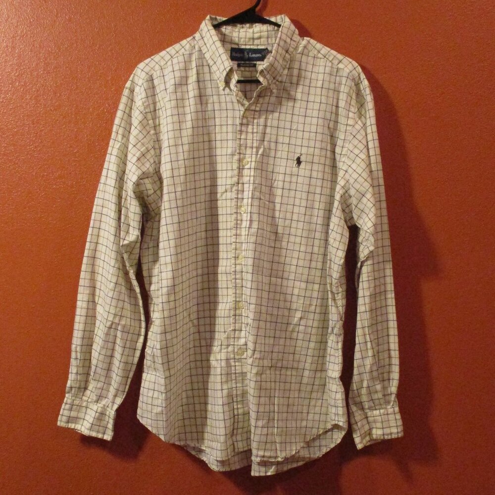 Ralph Lauren Shirt Men Large Cream Tan Brown Long Sleeve Button Down Shirt